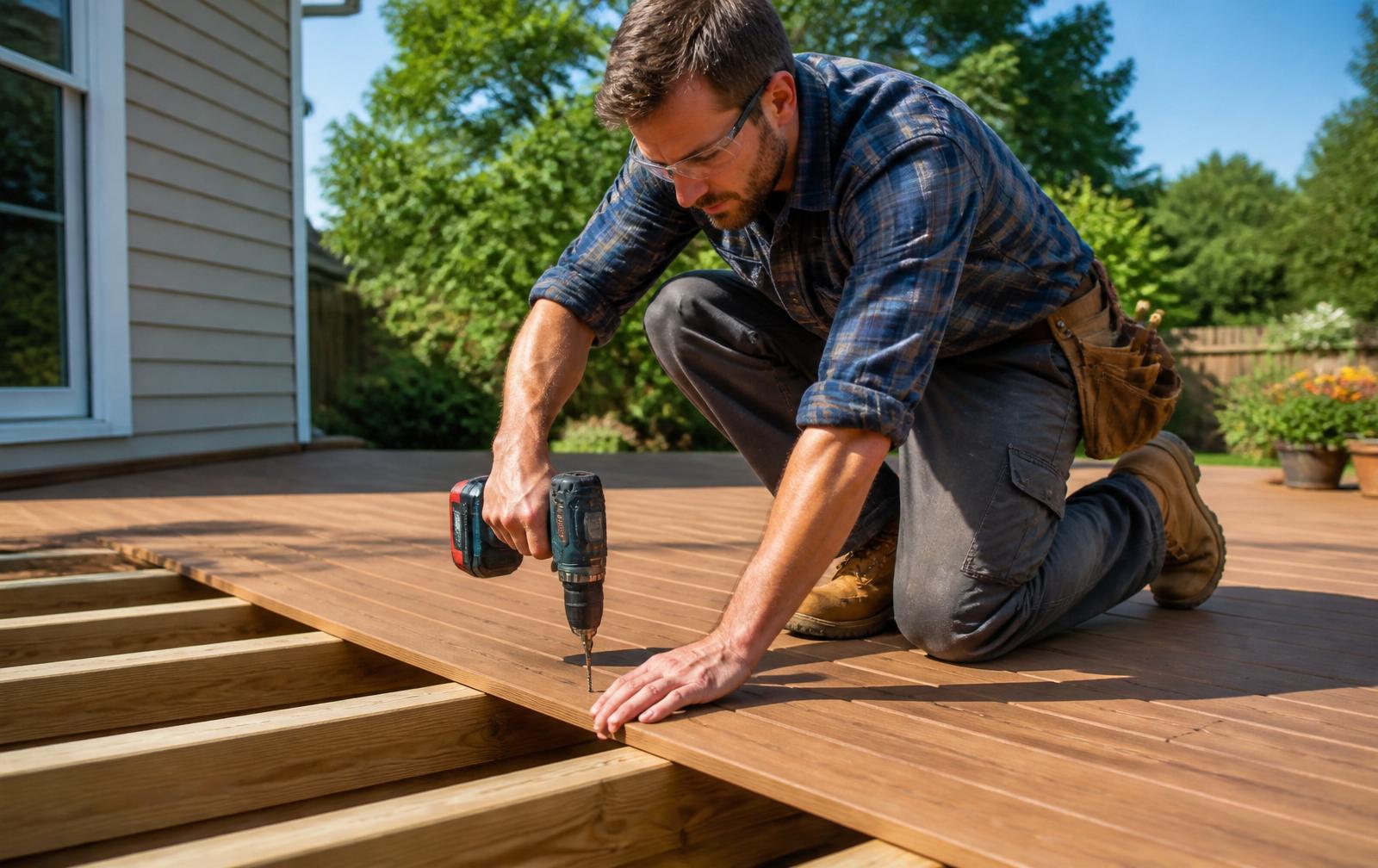 Handyman building a wooden residential deck